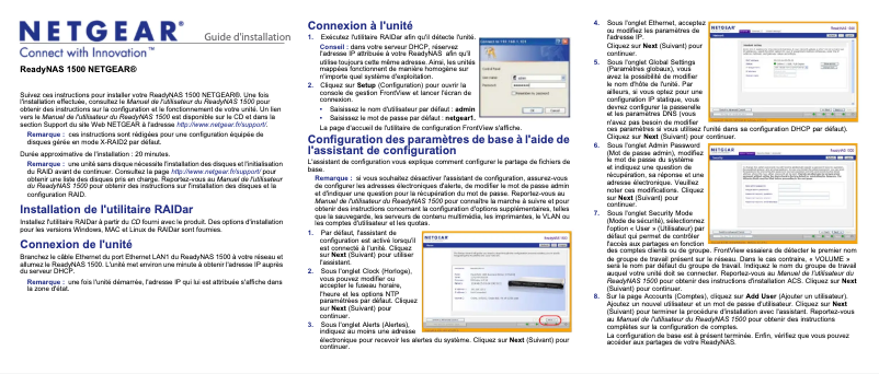 Page 1 de la notice Guide d'installation Netgear ReadyNAS RRX443E