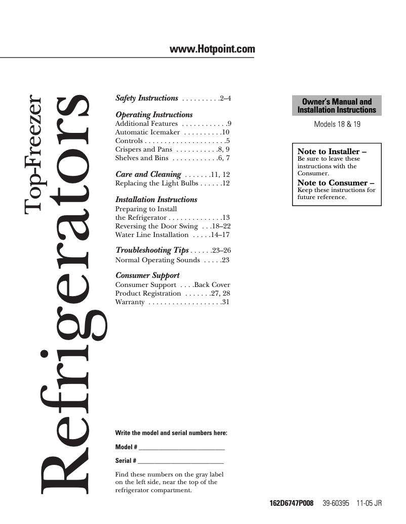 Page n°1 - Manuel d'utilisation et d'entretien Hotpoint HTS18ICPCC