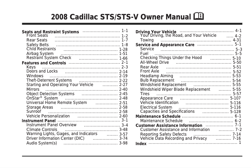 Page 1 de la notice Manuel utilisateur Cadillac STS Sedan (2008)