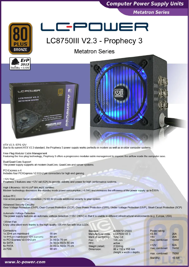 Page 1 de la notice Fiche technique LC-Power Prophecy 3 LC8750III V2.3