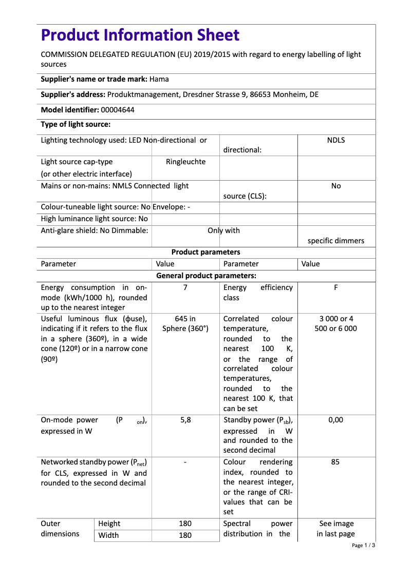 Page 1 de la notice Fiche technique Hama SpotLight Work Area 67 00004644
