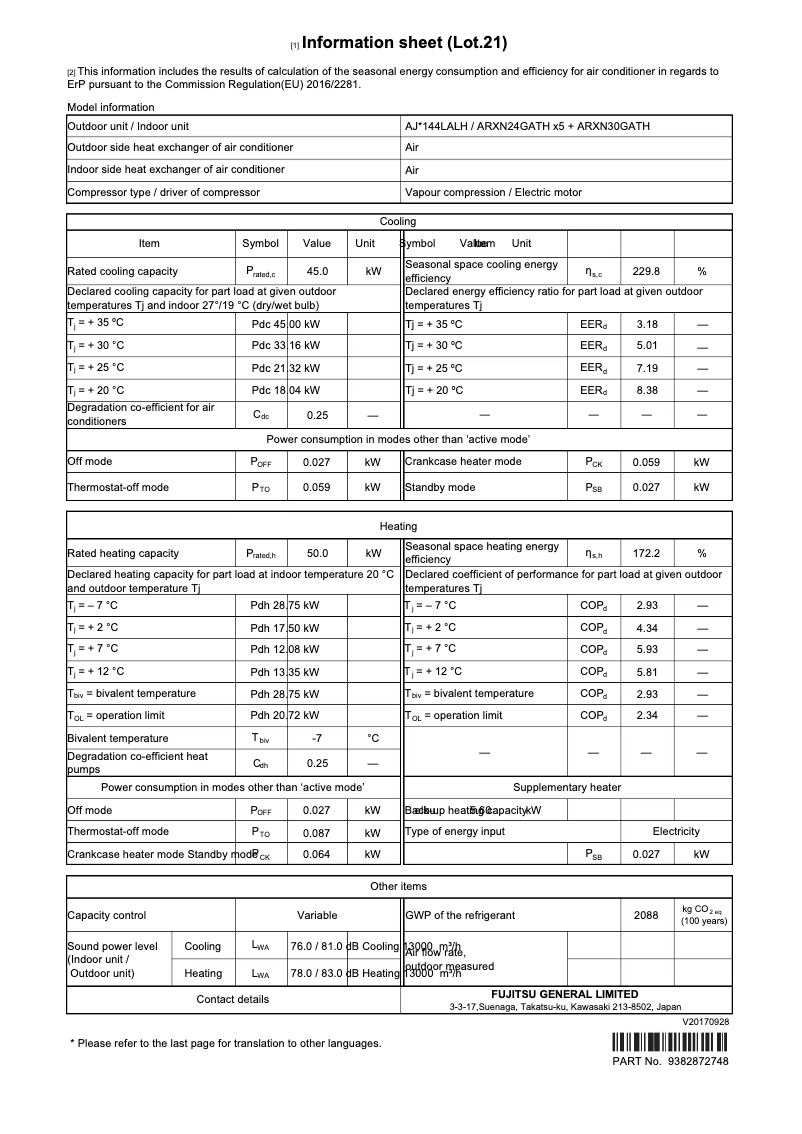 Page 1 de la notice Fiche technique Fujitsu Airstage AJY144LALH
