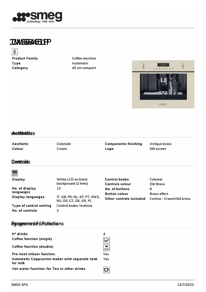 Page 1 de la notice Fiche technique Smeg CMS8451P
