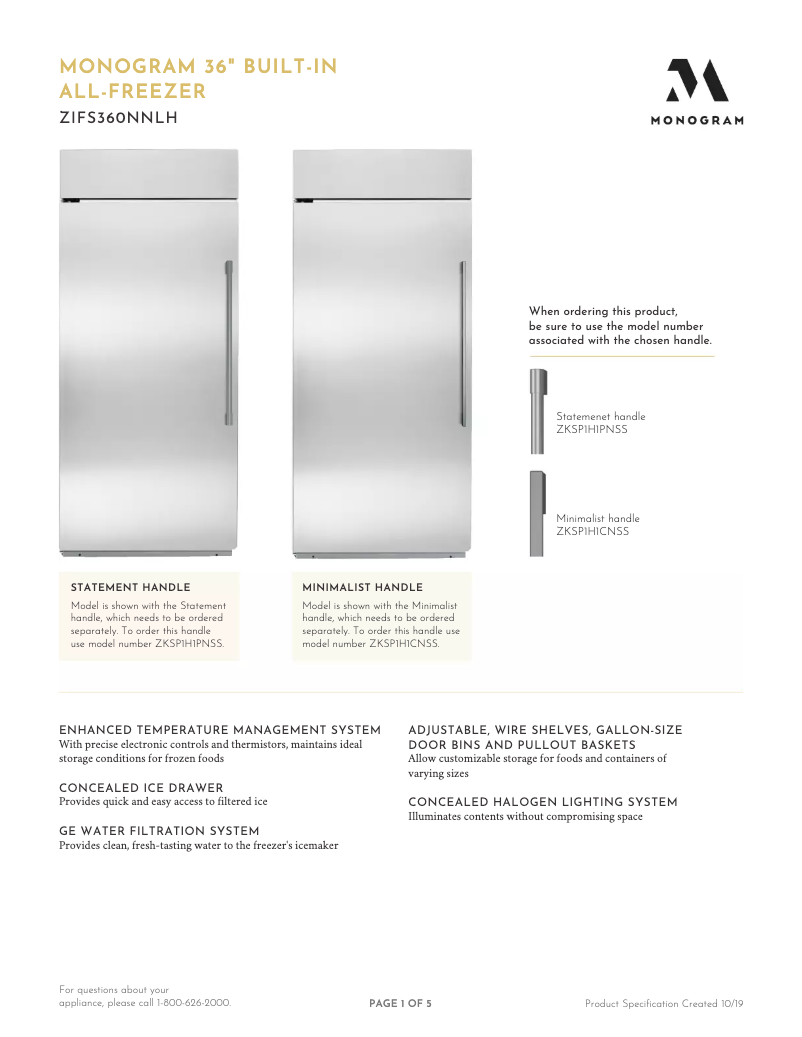 Page 1 de la notice Fiche technique Monogram ZIFS360NNLH