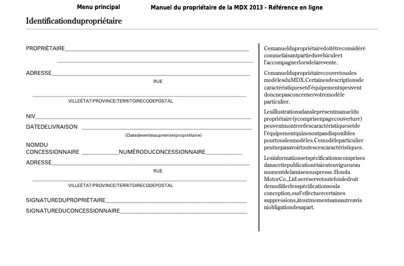 Image de la première page du manuel de l'appareil MDX (2013)