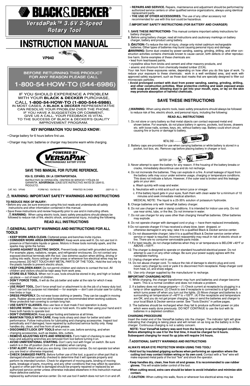Page 1 de la notice Manuel utilisateur Black & Decker VP940