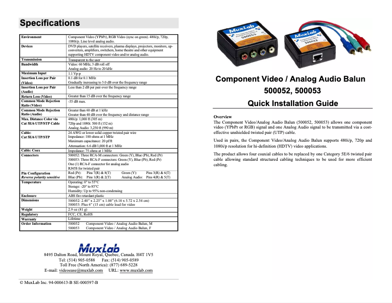 Image de la première page du manuel de l'appareil Component Video/Analog Audio Balun