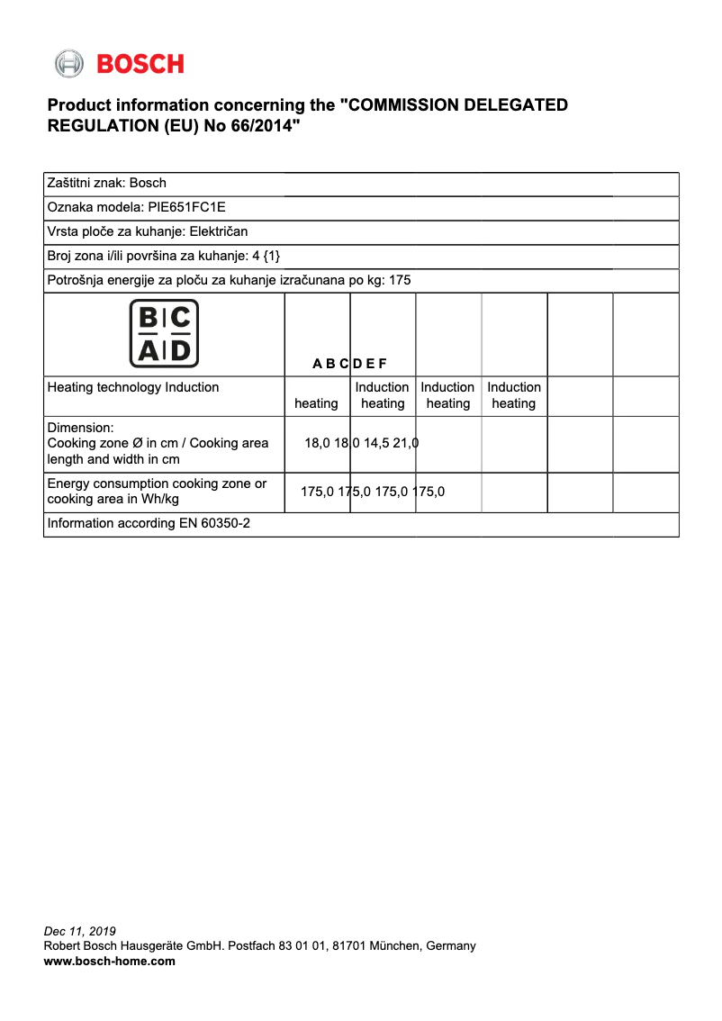Page 1 de la notice Fiche technique Bosch PIE651FC1E