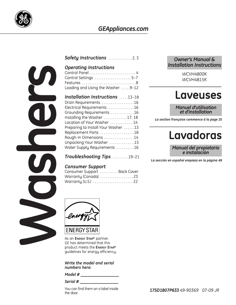 Page 1 de la notice Manuel utilisateur GE WCVH4800KWW