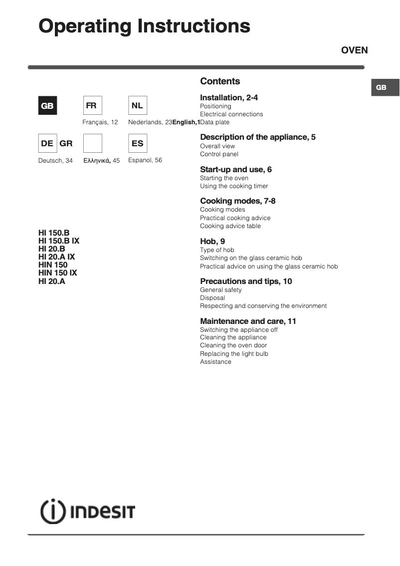 Page n°1 - Manuel utilisateur Indesit HI 150