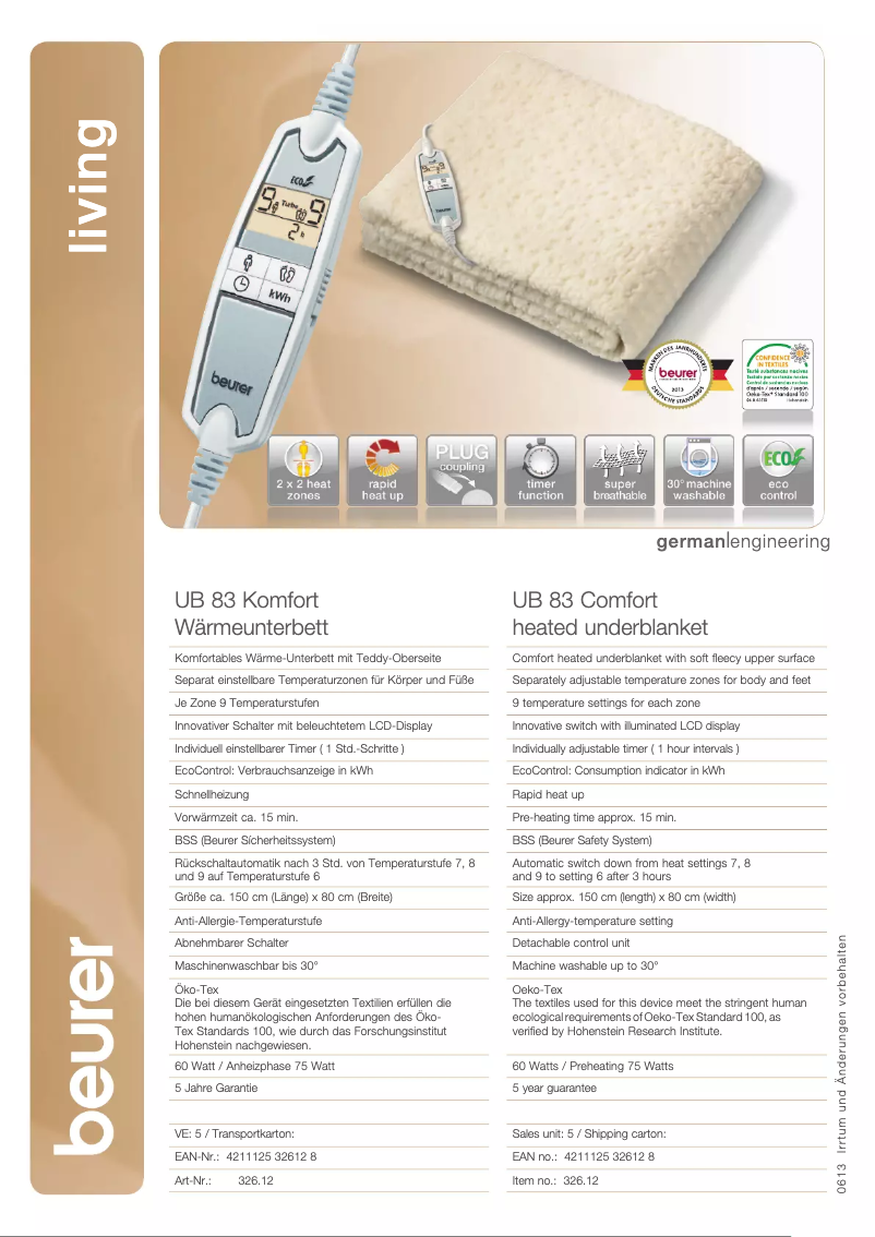 Page n°1 - Fiche technique Beurer UB 83 Teddy Single