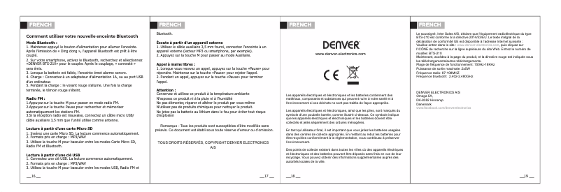Page 1 de la notice Manuel utilisateur Denver BTS-210