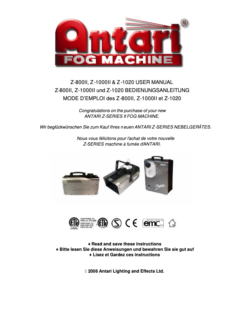 Page 1 de la notice Manuel utilisateur Antari Z-800 MK2