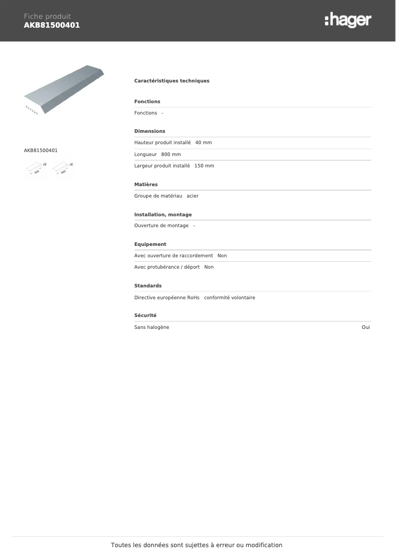 Page 1 de la notice Fiche technique Hager AKB81500401