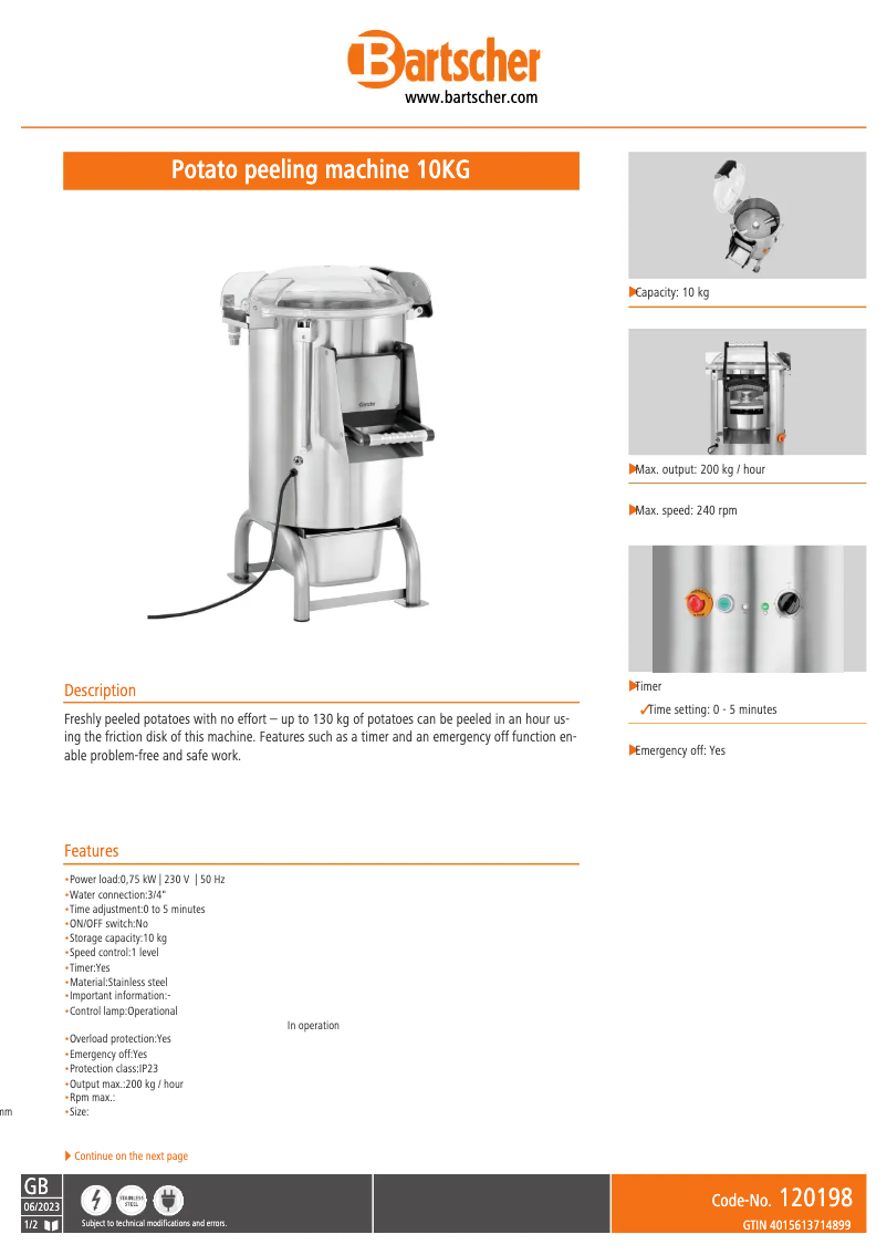 Page n°1 - Fiche technique Bartscher 120198