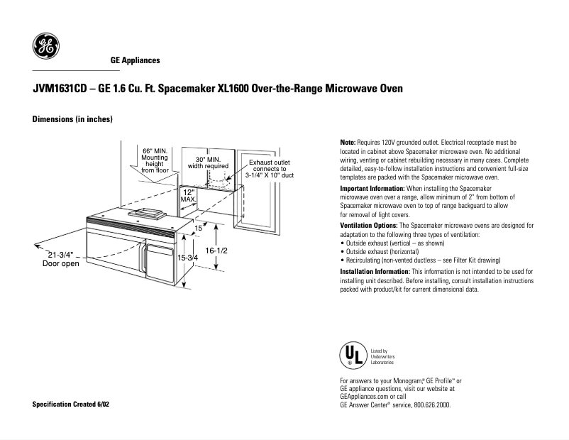 Page 1 de la notice Fiche technique GE JVM1631CD