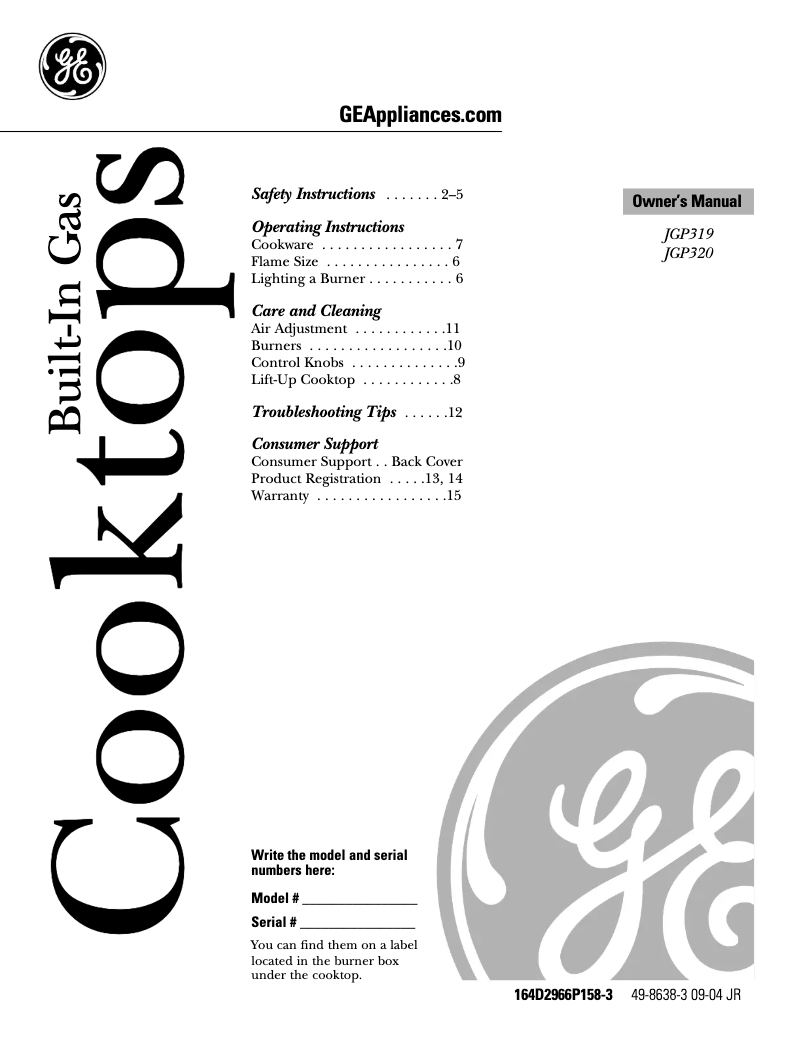 Page 1 de la notice Manuel d'utilisation et d'entretien GE JGP320EVBL