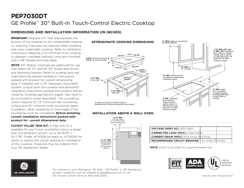 Page n°1 - Fiche technique GE Profile PEP7030DTBB