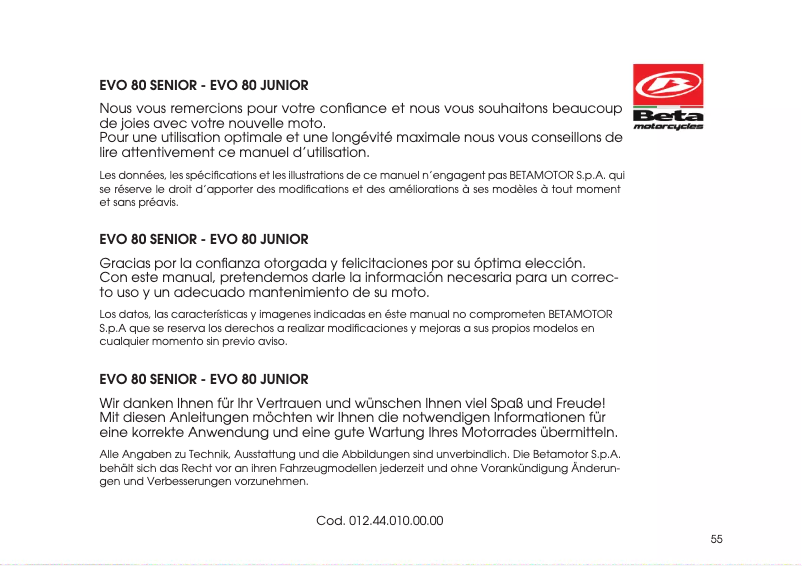 Page 1 de la notice Manuel utilisateur Beta EVO 2T 80 (2019)