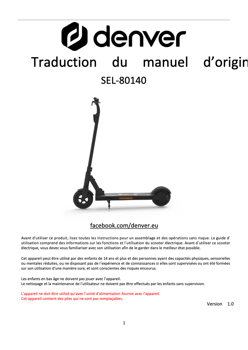 Page n°1 - Manuel utilisateur Denver SEL-80140