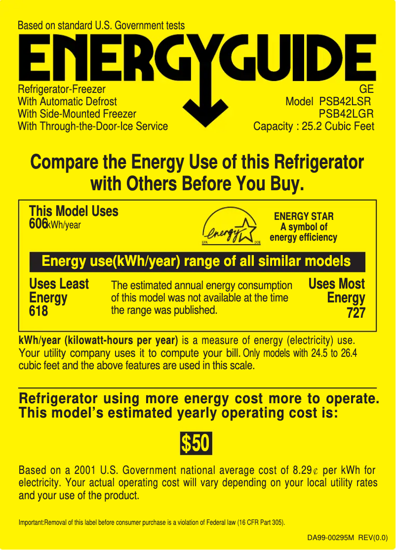 Página 1 del manual Etiqueta energética GE PSB42LGRWV