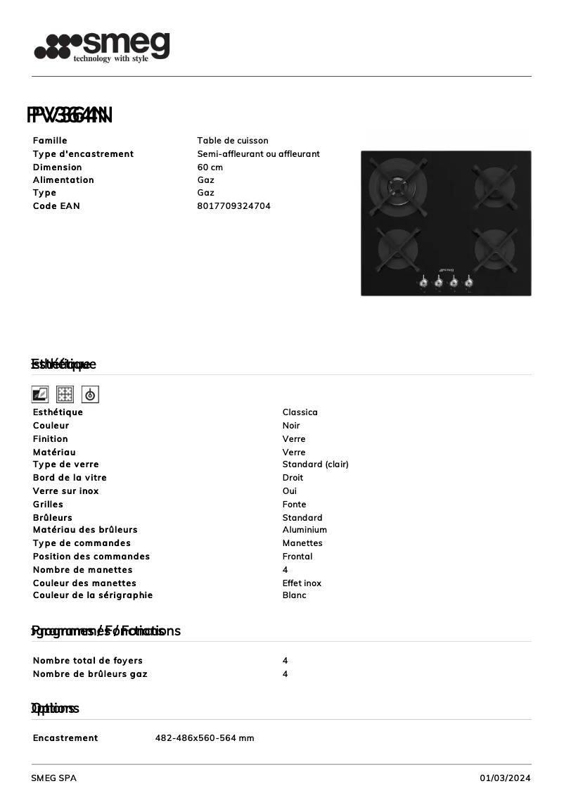 Página 1 del manual Ficha técnica Smeg PV364N