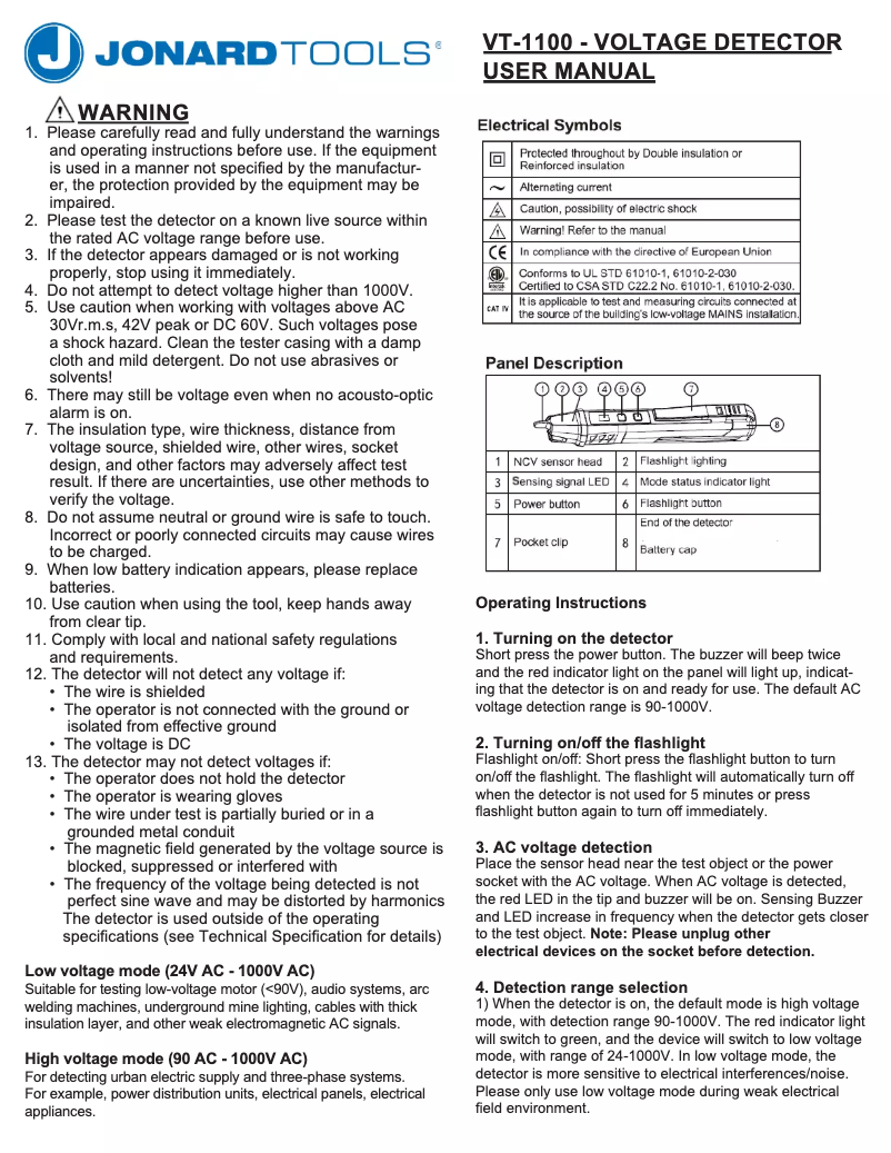 Page n°1 - Manuel utilisateur Jonard Tools VT-1100