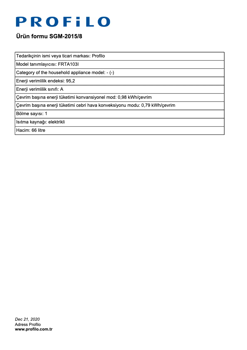 Page 1 de la notice Mode d'emploi Profilo FRTA103I