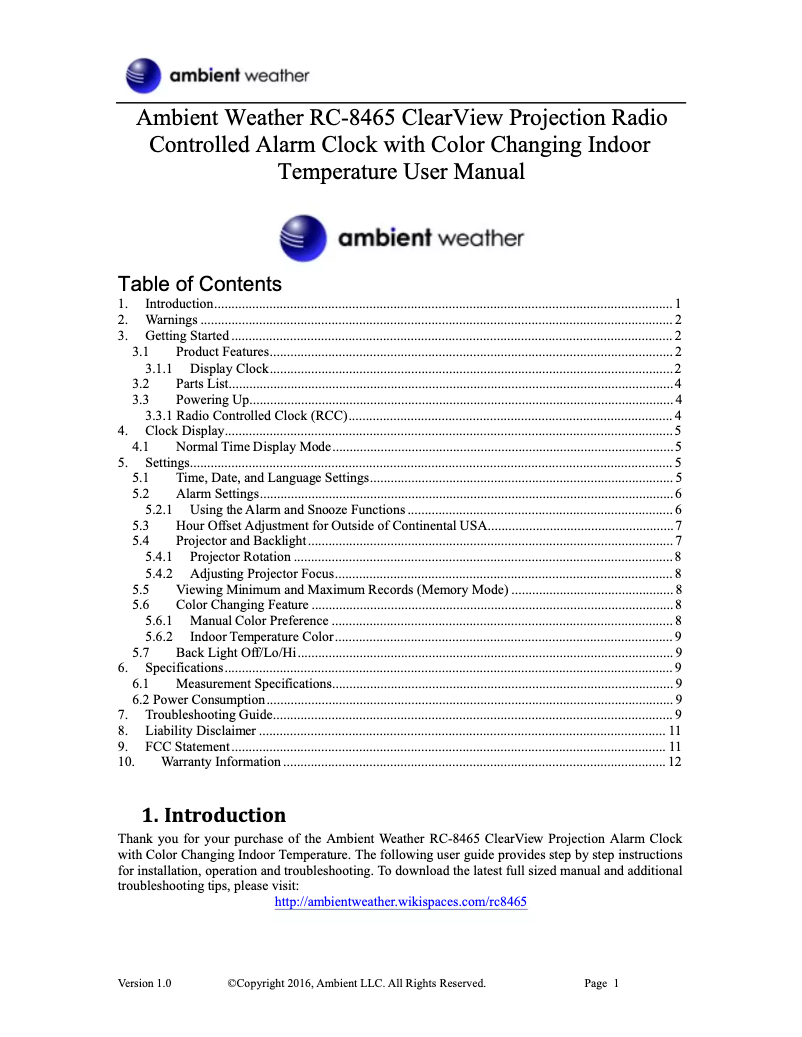 Page 1 de la notice Manuel utilisateur Ambient Weather RC-8465
