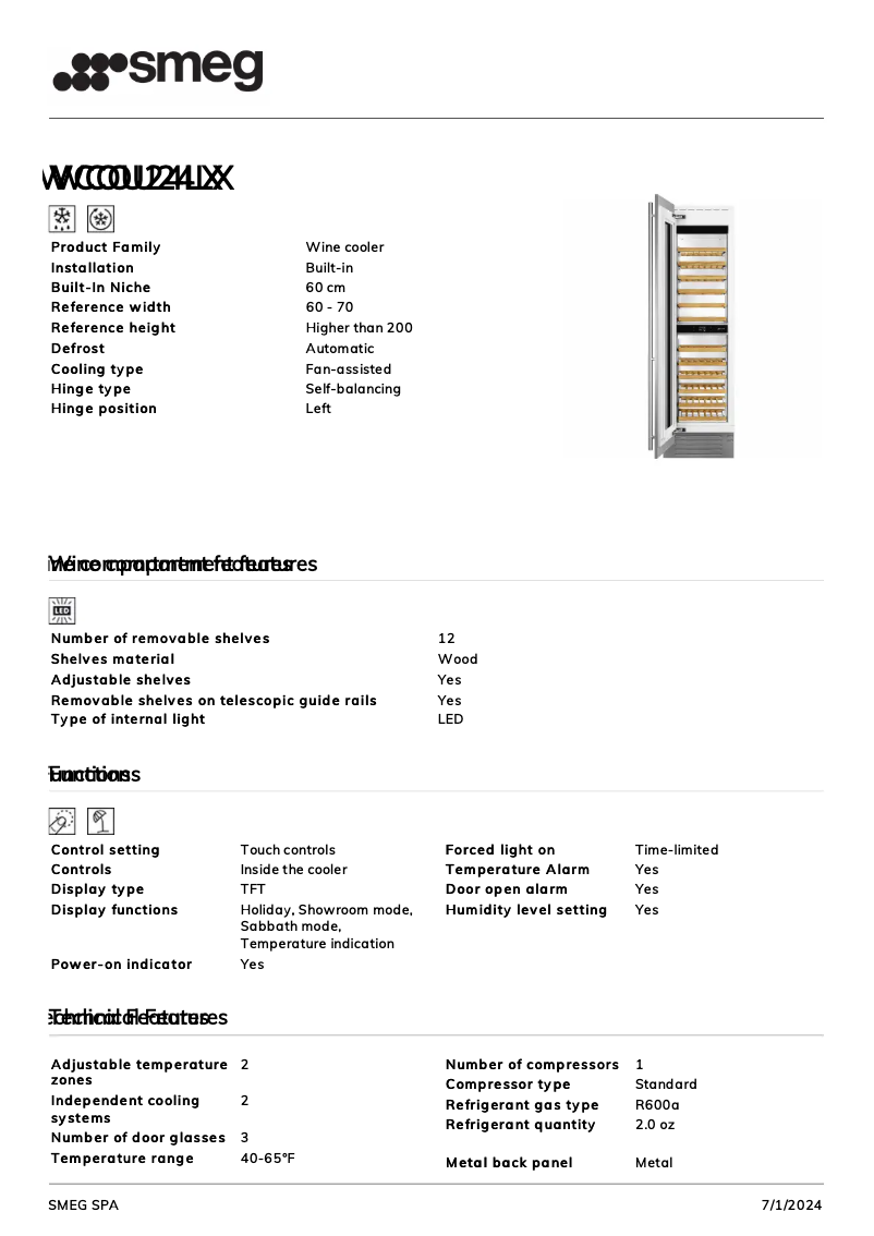 Page 1 de la notice Fiche technique Smeg WCOU24LX