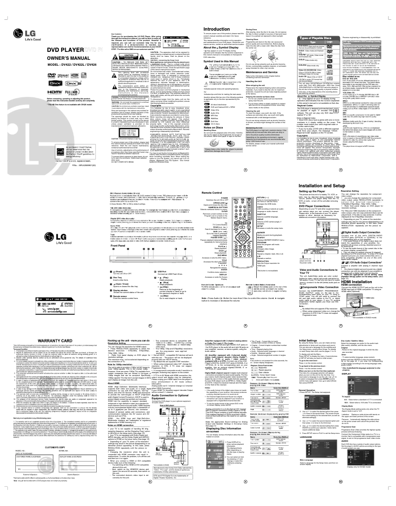 Page 1 de la notice Manuel utilisateur LG DV422L
