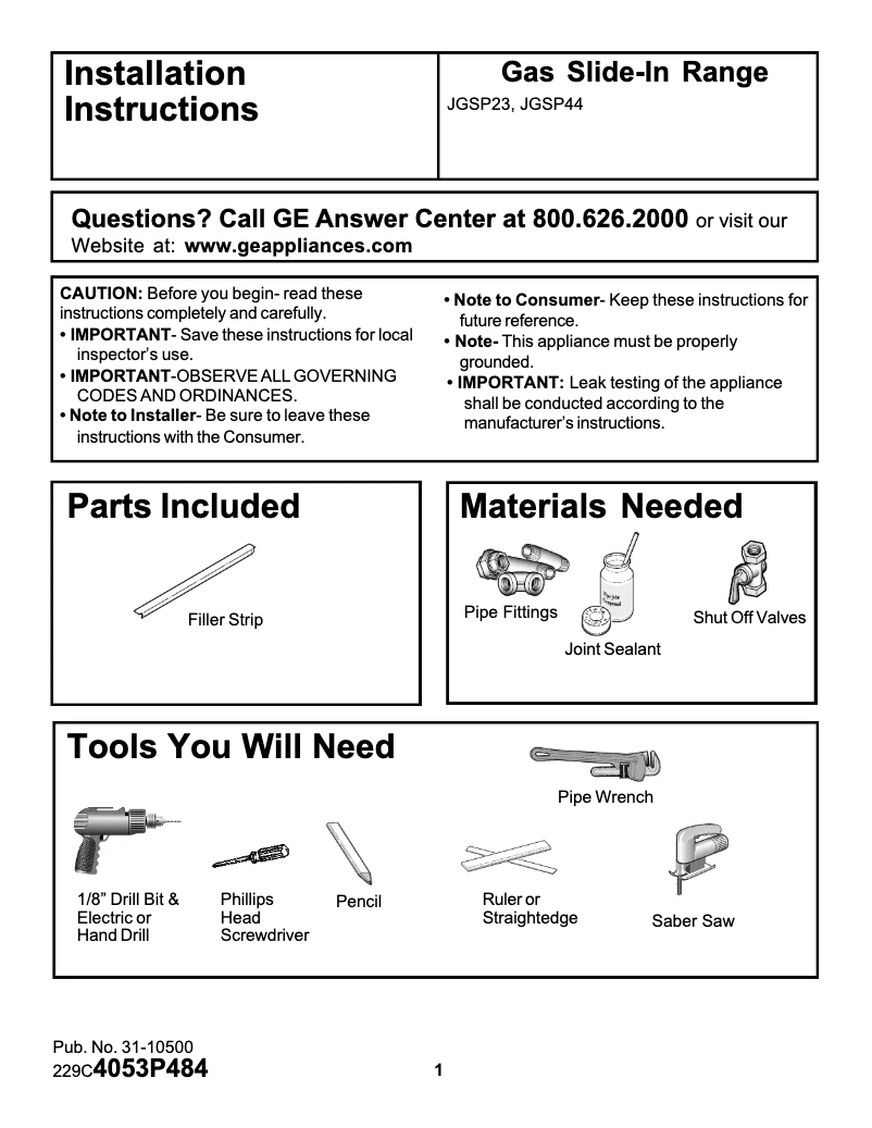 Page n°1 - Guide d'installation GE JGSP44BEYBB