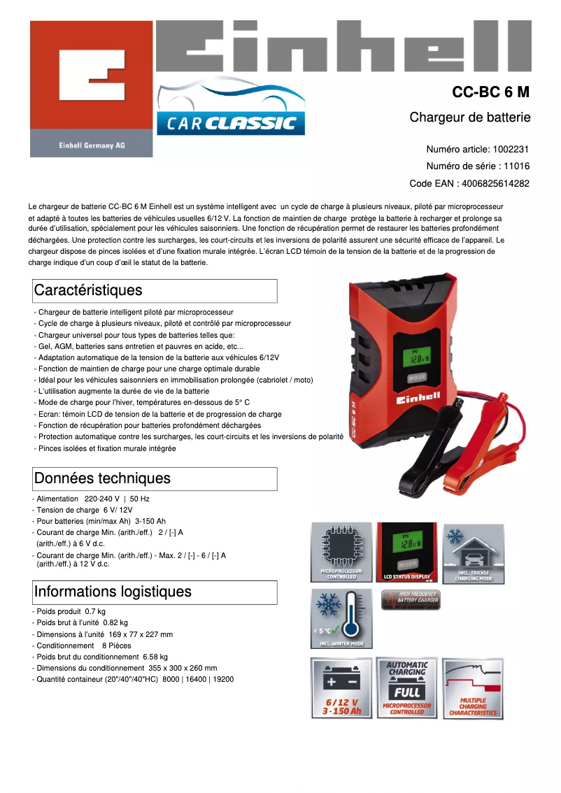 Page 1 de la notice Fiche technique Einhell CC-BC 6M