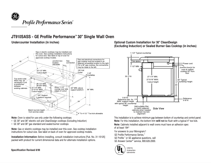Page 1 de la notice Fiche technique GE Profile Performance JT910SASS