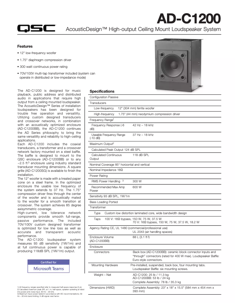 Page 1 de la notice Fiche technique QSC AcousticDesign AD-C1200