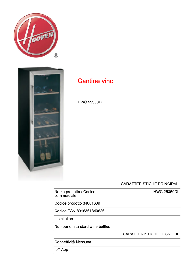 Page 1 de la notice Fiche technique Hoover H-WINE 500 HWC 154 EELW