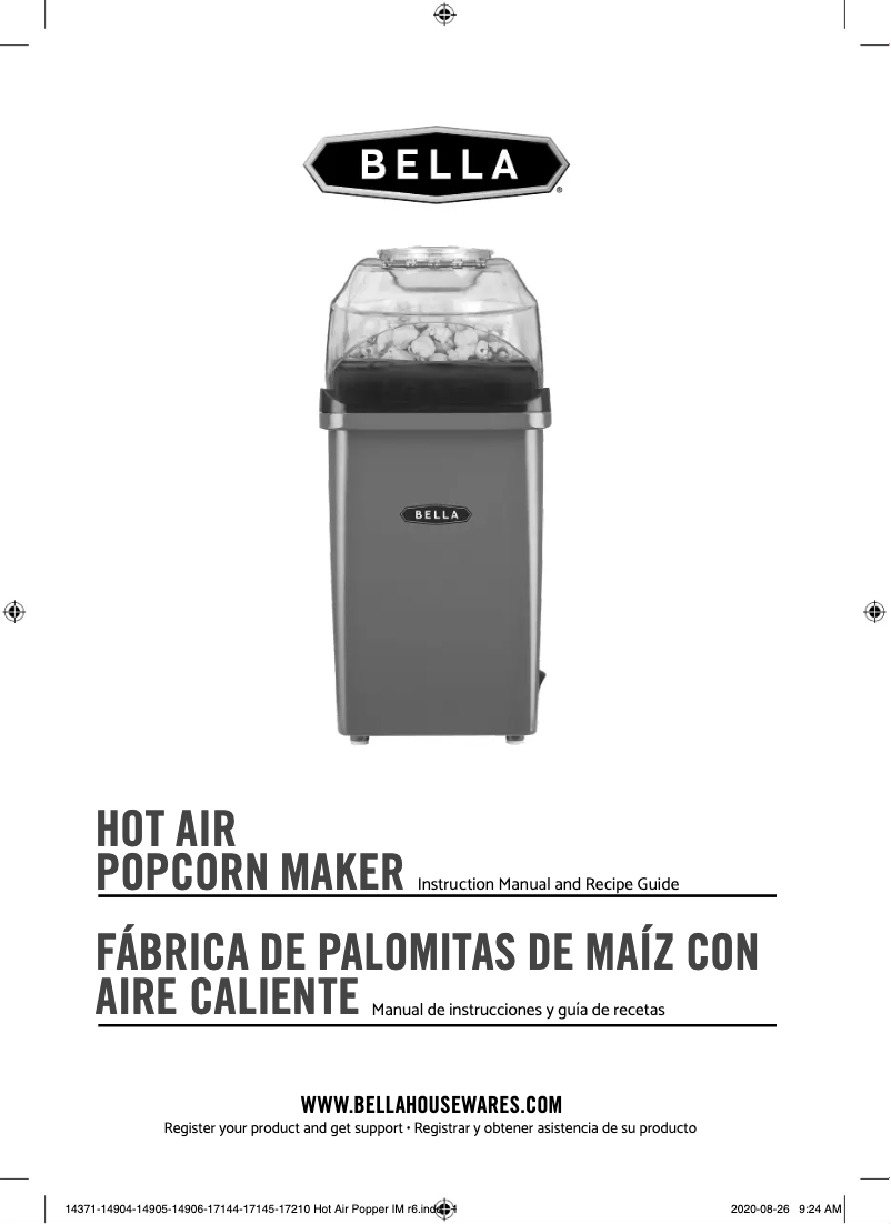 Page 1 de la notice Manuel utilisateur Bella Hot Air Popcorn Maker