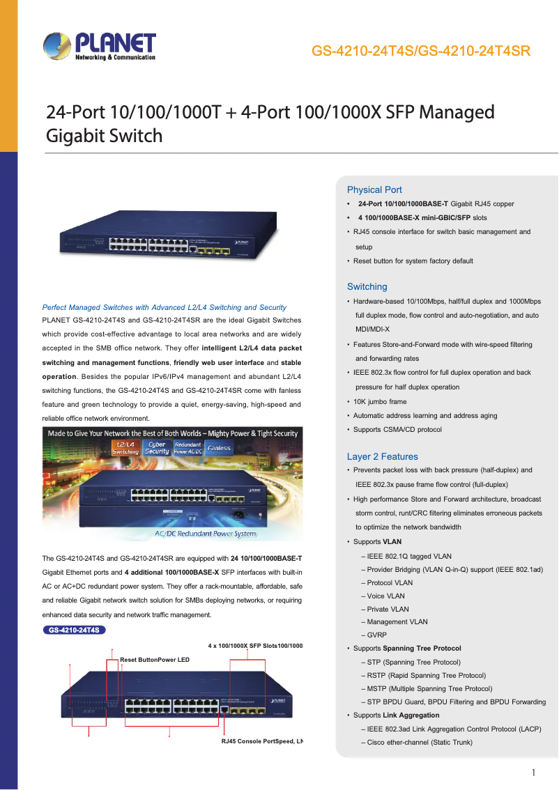 Page 1 de la notice Fiche technique Planet GS-4210-24T4S