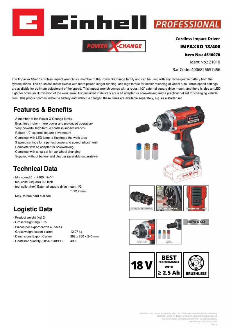 Page 1 de la notice Fiche technique Einhell IMPAXXO 18/400