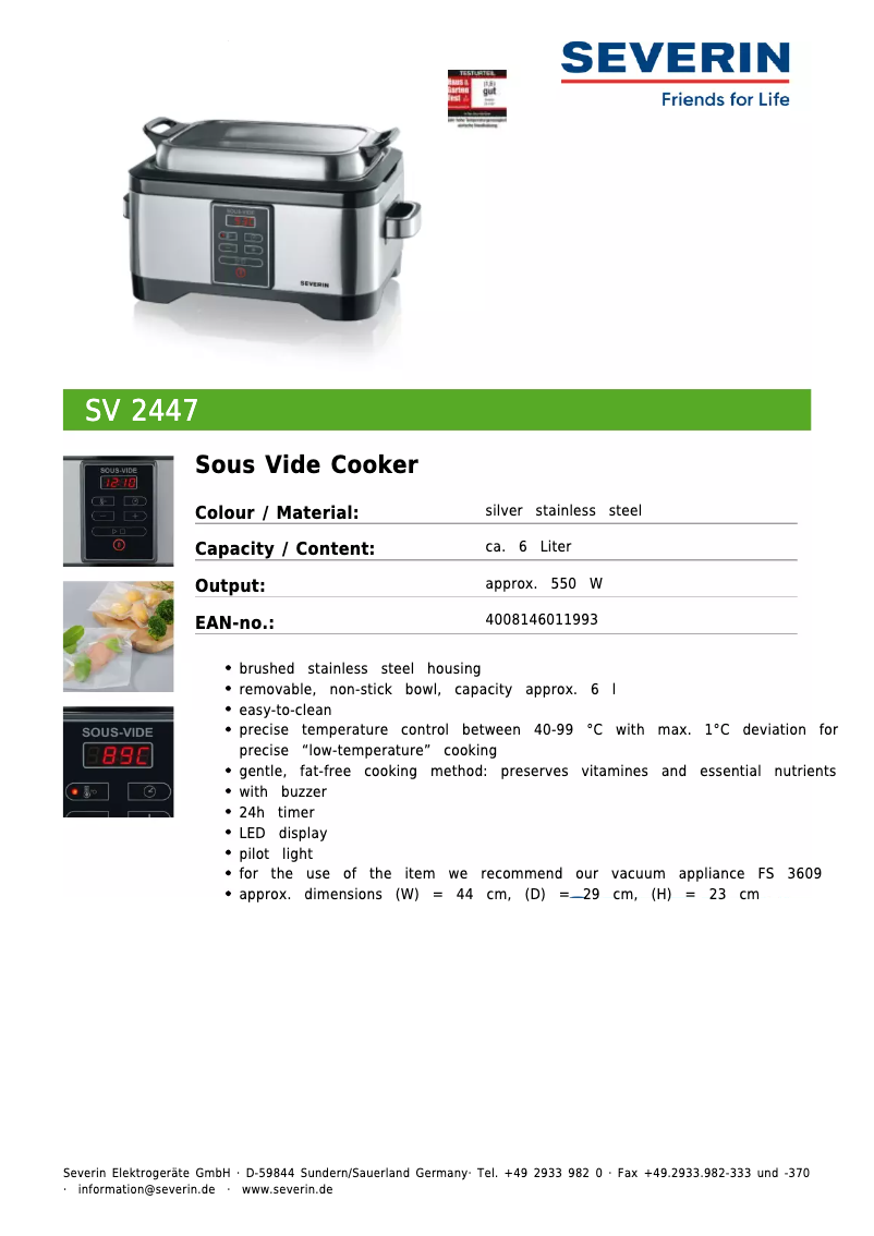 Page n°1 - Fiche technique Severin SV 2447