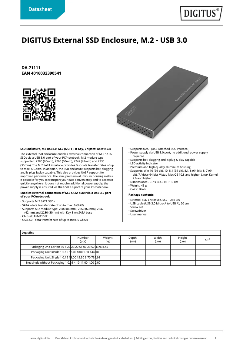 Page 1 de la notice Fiche technique Digitus DA-71111