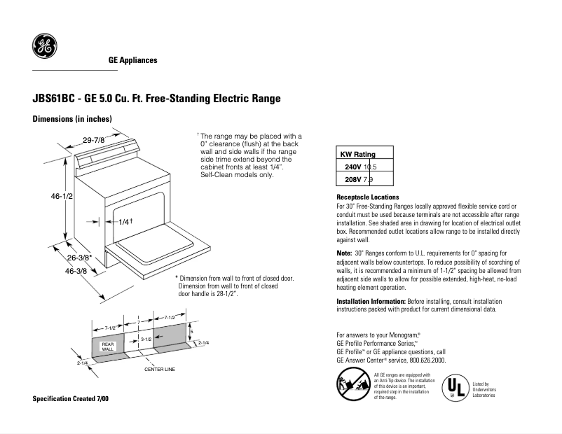 Page 1 of the manual Technical Sheet GE JBS61BCWH