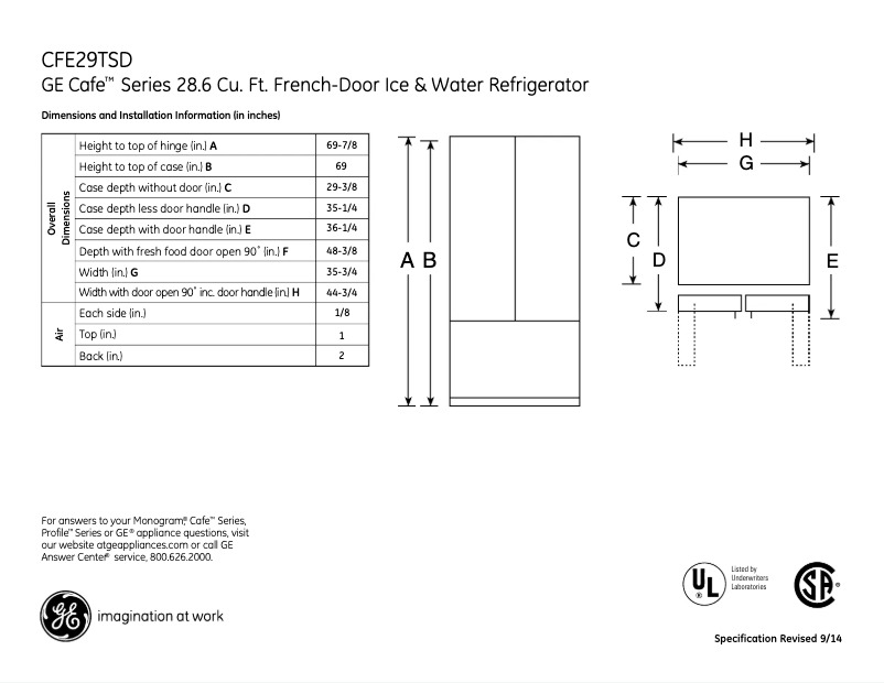 Page 1 de la notice Fiche technique GE CFE29TSDSS