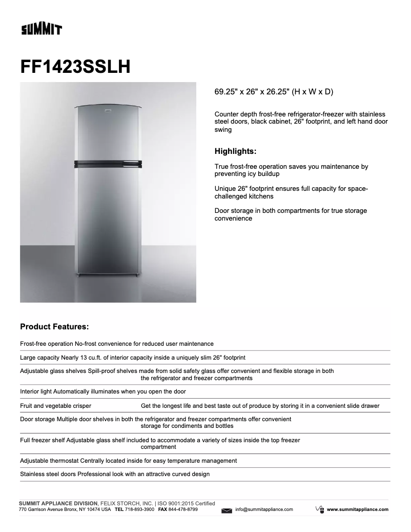 Page 1 de la notice Fiche technique Summit FF1423