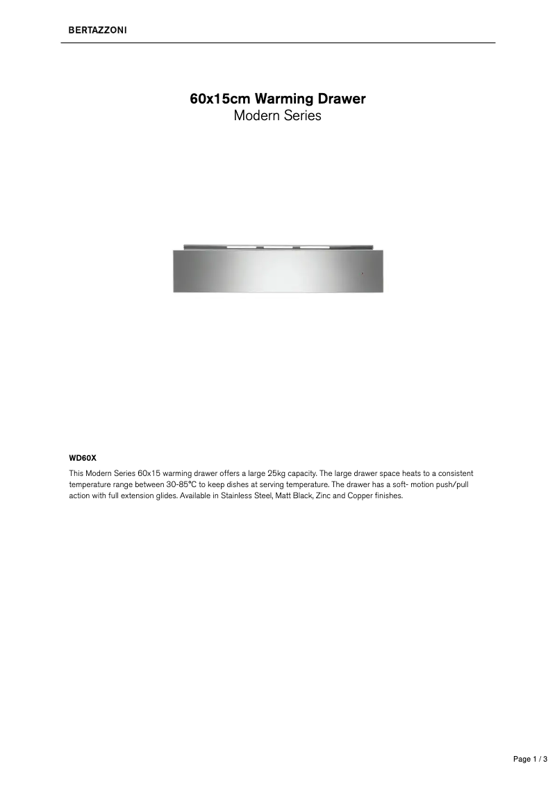 Page 1 de la notice Fiche technique Bertazzoni WD60X