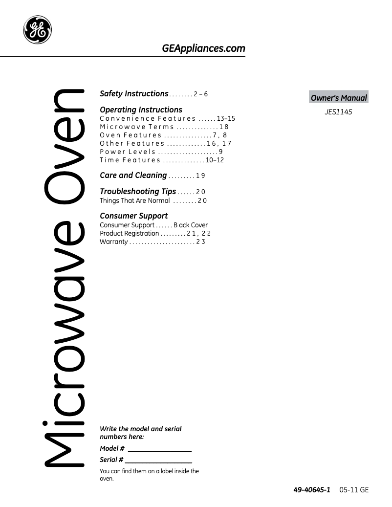 Page n°1 - Manuel utilisateur GE JES1145DPWW