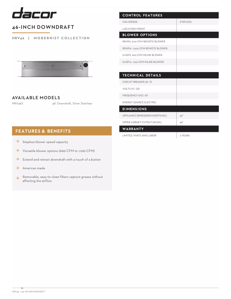 Page n°1 - Fiche technique Dacor HRV46S
