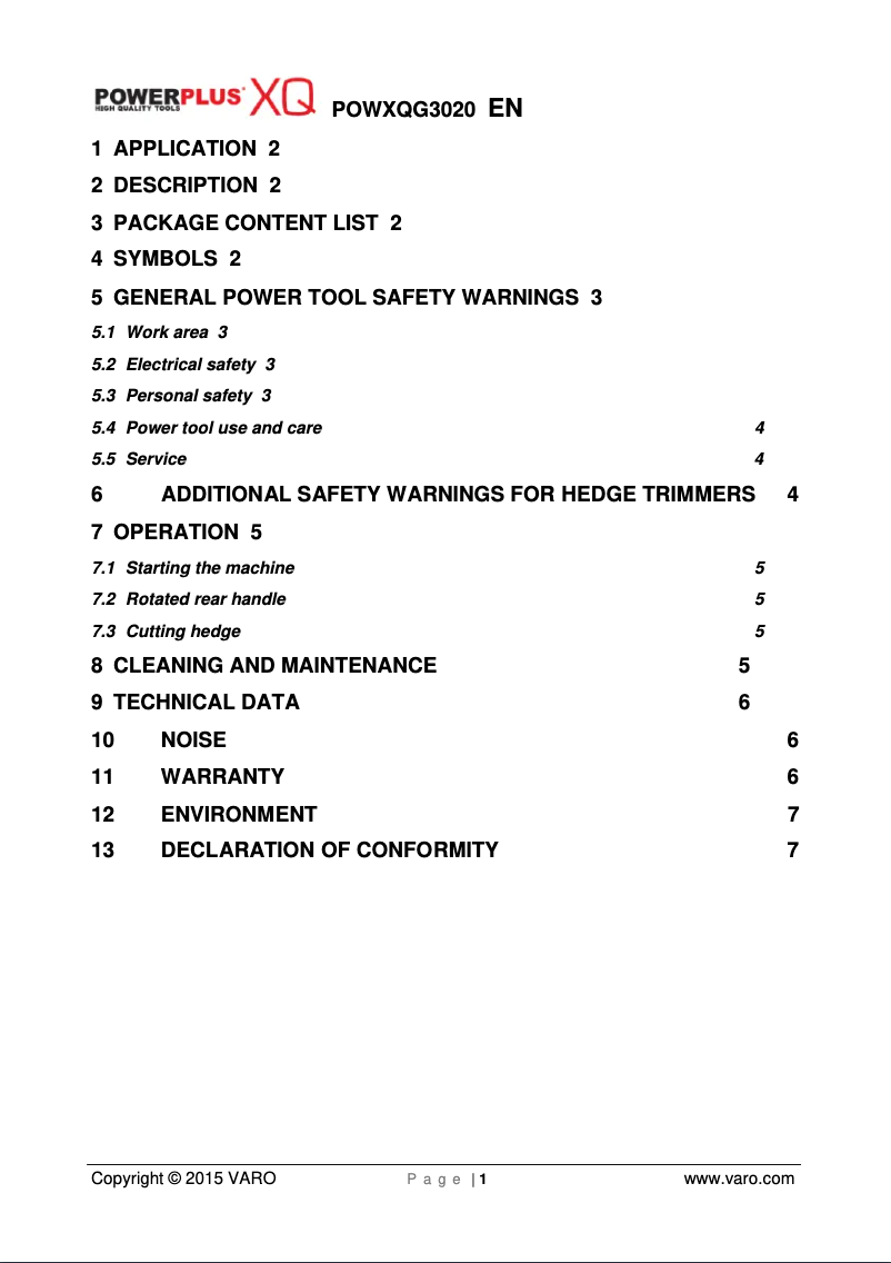 Page n°1 - Manuel utilisateur PowerPlus POWXQG3020