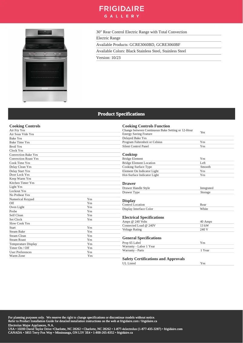 Page 1 de la notice Fiche technique Frigidaire GCRE3060BD