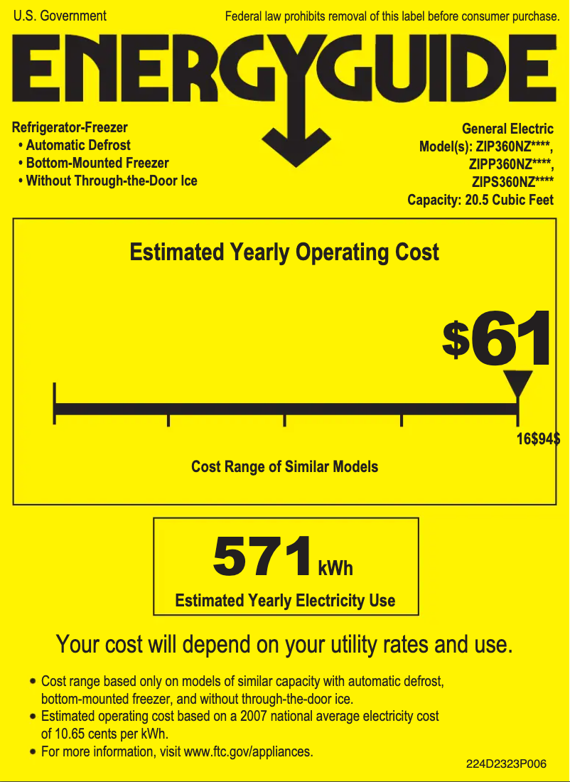 Page 1 de la notice Label énergétique GE ZIPP360NZ